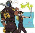  1boy 1girl absurdres animal_head artist_request ass baseball baseball_bat baseball_cap baseball_mitt baseball_uniform belt caiman_(dorohedoro) dark-skinned_male dark_skin dorohedoro facing_away green_scales hat highres large_pectorals lizardman long_hair multiple_belts muscular muscular_male nikaidou_(dorohedoro) outstretched_arm pectorals reptile_boy spikes sportswear translation_request 