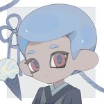  1boy afro blue_hair border closed_mouth commentary dark-skinned_male dark_skin food grey_background highres ice_cream looking_at_viewer male_focus octoling octoling_boy octoling_player_character outside_border red_eyes rongyu1029 short_hair simple_background solo splatoon_(series) tentacle_hair thick_eyebrows upper_body white_border 
