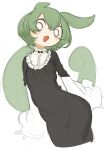  1girl animal_ears cropped_legs dress fang frilled_shirt_collar frills green_hair head_tilt highres long_hair long_sleeves low_ponytail nitadake open_mouth smile solo very_long_hair voicevox white_eyes zundamon 