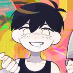  1boy black_hair black_tank_top collarbone colored_skin drooling evil_grin evil_smile grin holding holding_knife knife looking_at_viewer omori omori_(omori) parted_lips short_hair smile solo sr_ld_fr tank_top teeth upper_body white_skin 