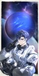  1boy adjusting_eyewear astronaut black_gloves blue_eyes blue_hair border clarence_clayden closed_mouth curtained_hair dark_blue_hair gloves hair_between_eyes hand_up helmet highres holding holding_helmet jiuchuansi looking_at_viewer lovebrush_chronicles male_focus mole mole_under_eye neptune_(planet) official_art outside_border safety_glasses short_hair sideways_glance smile solo space space_helmet spacesuit unworn_headwear unworn_helmet upper_body weibo_logo weibo_watermark white_border 