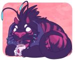ambiguous_gender antennae_(anatomy) black_body black_fur empty_eyes feral fur holding_mug holding_object low_res lying mouth_closed mug on_front rayliicious red_body red_fur red_nose simple_background solo steam white_eyes