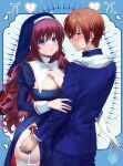  1boy 1girl a-chan_senpai alternate_costume blue_background blue_dress blue_eyes blue_jacket blue_pants blush breasts brown_eyes brown_hair cleavage cleavage_cutout clothing_cutout commentary_request cowboy_shot curvy dress embarrassed eyelashes fingernails garter_belt garter_straps habit hair_between_eyes heart hetero highres hip_vent hug jacket juliet_sleeves large_breasts little_busters! long_hair long_sleeves looking_at_another looking_to_the_side miiizuno_lbs natsume_kyousuke nun pants priest puffy_sleeves purple_hair red_ribbon ribbon short_hair simple_background straight_hair sweatdrop tareme thighhighs tsurime very_long_hair wavy_hair white_thighhighs 