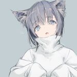  1girl animal_ears blue_eyes cat_ears cat_girl commentary_request fangs fluff grey_background grey_hair hands_up head_tilt highres kinutani_yutaka long_sleeves looking_at_viewer medium_hair open_mouth original oversized_clothes simple_background sleeves_past_fingers sleeves_past_wrists solo sweater turtleneck turtleneck_sweater upper_body white_sweater 