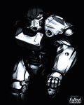  1other absurdres armor commentary copyright_name english_commentary fallout_(series) full_armor greyscale highres holding holding_skull looking_at_viewer mihaelmilanovic monochrome power_armor shadow skull twitter_username 