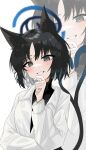  1girl :d alternate_costume animal_ear_fluff animal_ears black_shirt blue_archive cat_ears cat_girl cat_tail coat commentary_request dragonchicken02 eyeshadow forked_tail grin halo hand_on_own_chin head_tilt highres kikyou_(blue_archive) long_sleeves looking_at_viewer makeup nekomata parted_bangs red_eyeshadow shirt short_hair sidelocks simple_background smile solo tail turtleneck turtleneck_shirt white_coat zoom_layer 