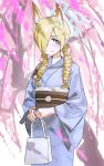  animal_ear_fluff animal_ears bag blonde_hair blue_archive blue_eyes blue_halo blue_kimono blush braid dog_ears flower hair_flower hair_ornament hair_over_one_eye halo highres japanese_clothes kanna_(blue_archive) kimono shiosai_73 