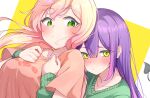  2girls absurdres blonde_hair blush closed_mouth commentary_request demon_tail gradient_hair green_eyes green_sweater hair_between_eyes highres hololive hug long_hair momosuzu_nene multicolored_hair multiple_girls official_alternate_costume okome_0628 orange_shirt pink_hair purple_hair shirt short_sleeves sidelocks simple_background streaked_hair sweater tail tokoyami_towa two-tone_background upper_body virtual_youtuber white_background yellow_background yuri 