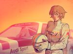  1girl absurdres apex_legends audi audi_quattro blonde_hair blue_eyes car cosplay country_connection english_commentary frown gloves helmet highres holding holding_helmet jumpsuit looking_at_viewer michele_mouton michele_mouton_(cosplay) motor_vehicle race_vehicle racecar racing_suit rally_car real_life short_hair solo spoiler_(automobile) unworn_headwear unworn_helmet vinegar_and_soda wattson_(apex_legends) western_comics_(style) white_gloves white_helmet white_jumpsuit world_rally_championship 