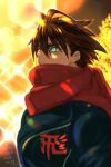  1boy adapted_costume blue_eyes blurry bokeh brown_hair dated depth_of_field hair_between_eyes highres leo_tail looking_up male_focus parted_lips red_scarf scarf short_hair solo strider_(video_game) strider_hiryuu twitter_username upper_body 
