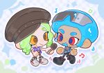  1boy 1girl afro black_hat blue_hair chibi chibi_only closed_mouth commentary dark-skinned_male dark_skin eyewear_on_head fang green_hair holding holding_microphone long_hair microphone musical_note octoling octoling_boy octoling_girl octoling_player_character open_mouth outline red_eyes rongyu1029 short_hair smile sparkle splatoon_(series) star_(symbol) sunglasses tentacle_hair thick_eyebrows v white_outline yellow_eyes 