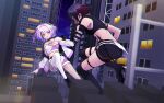  2girls absurdres airborne arm_strap armpit_peek ass asymmetrical_clothes bare_shoulders belt black_belt black_collar black_footwear black_hair black_nails black_ribbon black_shorts black_sleeves black_thighhighs blue_sky blurry blurry_foreground boots breasts building chromatic_aberration city cloud collar collarbone commentary crescent_moon crop_top detached_sleeves earclip facing_viewer fishnet_pantyhose fishnets from_behind full_body garter_straps ghost_hair_ornament gradient_hair grey_background hair_intakes hair_ornament hair_ribbon hairclip hand_up highres iris_black_games jacket ji-rex kisaragi_ren_(vtuber) knee_boots licking_lips light_particles looking_at_another medium_hair midriff moon multicolored_hair multiple_girls night night_sky open_clothes open_hand open_jacket over-kneehighs pantyhose red_eyes red_hair ribbon shinomiya_runa shoes short_shorts shorts single_detached_sleeve single_garter_strap single_thighhigh sky skyscraper sleeves_past_elbows small_breasts spaghetti_strap sparkle star_(sky) starry_sky strap_slip streaked_hair striped_sleeves thigh_belt thigh_strap thighhighs tongue tongue_out two-tone_sleeves v-shaped_eyebrows virtual_youtuber vspo! white_jacket white_shorts white_sleeves white_thighhighs window x_hair_ornament yellow_eyes 