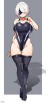  1girl 2b_(nier:automata) absurdres aiuti alternate_costume ass_visible_through_thighs bare_shoulders black_blindfold black_one-piece_swimsuit blindfold blush breasts closed_mouth competition_swimsuit covered_navel full_body grey_background groin hair_over_one_eye highleg highleg_swimsuit highres large_breasts looking_at_viewer nier:automata nier_(series) one-piece_swimsuit shiny_clothes short_hair simple_background skindentation smile solo standing swimsuit thigh_gap thighhighs thighs white_hair 