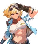  1girl abs black_gloves blonde_hair blue_jacket breasts closed_mouth gloves goggles goggles_on_head highres hololive hololive_indonesia jacket kaela_kovalskia large_breasts looking_at_viewer midriff navel popo_(popo0cat) red_eyes short_hair short_sleeves simple_background solo strapless tube_top virtual_youtuber white_background white_tube_top 