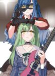  2girls absurdres bang_dream! bang_dream!_it&#039;s_mygo!!!!! black_choker black_gloves black_mask black_ribbon black_skirt blue_dress blue_hair choker commentary_request deep_dig domino_mask dress earrings electric_guitar frilled_choker frills gloves green_hair guitar hair_ribbon highres holding holding_guitar holding_instrument instrument jewelry long_hair long_sleeves mask multiple_girls open_mouth parted_lips red_shirt ribbon shirt skirt smile togawa_sakiko two_side_up wakaba_mutsumi yellow_eyes 