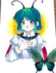 1girl antennae black_cape blue_eyes blush bug butterfly cape chabashira_ryouko closed_mouth collared_shirt commentary_request fingernails flat_chest green_butterfly green_hair hand_on_own_chest long_sleeves looking_at_viewer medium_bangs red_cape shirt short_hair smile solo touhou two-sided_cape two-sided_fabric upper_body watercraft white_shirt wriggle_nightbug 