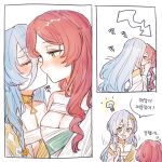  &gt;_&lt; +_+ 2girls 37_(reverse:1999) ancient_greek_clothes blue_hair blush breasts cleavage closed_eyes commentary_request freckles greco-roman_clothes green_eyes index_finger_raised ioi_33333 kiss korean_commentary korean_text light_bulb long_hair medium_breasts multiple_girls open_mouth red_hair reverse:1999 robe simple_background smile sophia_(reverse:1999) translation_request white_background white_robe 