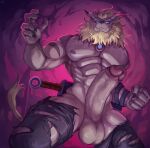 abs anthro balls bandai_namco blonde_hair blue_eyes clawed claws clothed clothing digimon digimon_(species) erection fingers genitals glans hair half-erect hi_res humanoid_genitalia humanoid_penis leomon looking_at_viewer low-angle_view male mane muscular muscular_anthro muscular_male nipples nurinaki pecs penis smile smiling_at_viewer solo tail topless torn_clothing