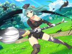  1girl attack bare_shoulders bashou_(senran_kagura) belt_pouch blade_of_grass blunt_bangs blunt_ends blunt_sidelocks blunt_tresses blush body_blush breasts bush calligraphy_brush cleavage collarbone cross-laced_footwear dandelion day flower giant_brush glaive_(polearm) gloves grass green_hair hair_flower hair_ornament hat hebijo_academy_uniform holding holding_calligraphy_brush holding_paintbrush holding_polearm holding_weapon infinity_symbol ink inkblot large_breasts lens_flare light_particles light_rays long_hair looking_at_viewer military_hat military_uniform mountain mountainous_horizon official_alternate_costume official_art outdoors paintbrush paintbrush_hair_ornament path plant polearm pouch purple_eyes purple_thighhighs school_uniform senran_kagura senran_kagura_new_link senran_kagura_new_wave shiny_skin sky solo sparkle standing sunbeam sunlight thighhighs torn_boots torn_clothes torn_sleeve torn_thighhighs tree uniform weapon white_flower white_gloves yaegashi_nan yellow_flower 