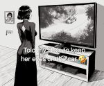  1girl ass black_dress car cowboy_shot dress emoji english_text expressionless fubuki_(one-punch_man) game_console gamecube ghost_car_(meme) greyscale hashtag-only_commentary highres long_sleeves media_player_interface meme monochrome motor_vehicle nnsee_d one-punch_man photo_(object) playstation_2 playstation_5 road snapchat solo standing television xbox_360 