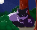  black_and_white_fur cheek_tuft clouly cuddling curled_tail darktail_(warriors) duo embrace eyes_closed facial_tuft female feral fuzzy head_on_head hi_res inner_ear_fluff laying_on_another light lying male moon moonlight nature nature_background on_ground outside plant shrub sky sleeping sleeping_together star starry_sky tail tree tuft violetshine_(warriors) warriors_(book_series) 