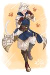  1boy animal_ears boots brown_footwear cat_ears cat_tail fake_animal_ears fake_tail fire_emblem fire_emblem_heroes gloves gold_trim highres hood hood_up hooded_robe kiran_(fire_emblem) kiran_(male)_(fire_emblem) leather leather_gloves open_mouth robe solo tail white_robe yuuyou_(link1357zelda) 