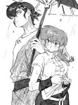  1boy 1girl bandana breasts greyscale hibiki_ryouga highres leiyezhongma1 looking_at_another looking_up monochrome rain ranma-chan ranma_1/2 simple_background size_difference water water_drop wet 