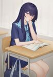  desk hand_on_own_chin highres legs long_hair looking_at_viewer ni_(221) original school_desk school_uniform 