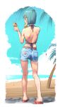  1girl absurdres amachu_a aqua_hair artist_name beach blue_eyes bob_cut bulma capsule_corp chromatic_aberration commentary contrapposto denim denim_shorts dragon_ball dragon_ball_z food from_behind full_body halterneck highres holding holding_ice_cream_cone ice_cream ice_cream_cone ocean open_mouth palm_tree sandals short_shorts shorts solo tree 