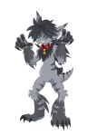  1_eye anthro blue_eyes claws collar collar_only deishun_(species) fan_character fur grey_body grey_fur grey_hair hair male monster nude smile solo spines tail teeth zarjhan_mary 