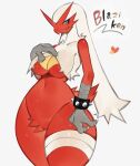 3_fingers absurd_res anthro avian big_breasts bird blaziken blue_eyes bracelet breasts claws female fingers generation_3_pokemon hair hi_res jewelry nintendo pokemon pokemon_(species) red_body simple_background solo spiked_bracelet spikes tan_hair thick_thighs togetoge wide_hips yellow_sclera