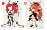  2girls adoptable animal_ears antlers back_bow belt bird_ears black_belt black_bow black_corset black_footwear black_ribbon black_sailor_collar black_shirt black_skirt black_socks blue_eyes boots border bow bow_legwear braid braided_ponytail bright_pupils brown_hair buttons center_frills cloak closed_mouth collared_shirt colored_tips commentary corset cross-laced_clothes cross-laced_footwear cross-laced_sleeves deer_antlers deformed english_commentary eyelashes feather_hair_ornament feathers flat_color flower footwear_bow footwear_ribbon frills full_body green_bow green_eyes green_hair green_socks hair_bow hair_flower hair_ornament high_ponytail hood hood_down hooded_cloak horns knee_boots kneehighs lace-trimmed_bow lace-trimmed_skirt lace_trim layered_sleeves leaf leaf_background light_blush light_frown light_smile lolita_fashion long_hair long_sleeves looking_ahead looking_at_viewer mary_janes miniskirt multicolored_hair multiple_braids multiple_girls original outside_border outstretched_arm over-kneehighs parted_lips patterned_background pocket red_flower red_hair red_rose ribbon rose sailor_collar satchely shirt shoes sidelocks simple_background single_braid skirt sleeves_past_wrists socks striped_clothes striped_socks studded_belt thighhighs transparent_border turtleneck turtleneck_shirt twintails two-tone_skirt very_long_hair wavy_hair white_background white_bow white_cloak white_footwear white_pupils white_shirt white_skirt white_sleeves wide_sleeves yellow_pupils 