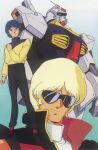  1980s_(style) 2boys black_hair gradient_background gundam gundam_mk_ii highres kamille_bidan key_visual kitazume_hiroyuki looking_at_viewer mecha mobile_suit mullet multiple_boys official_art promotional_art quattro_bajeena retro_artstyle robot scan sunglasses sweater traditional_media uniform v-fin vest zeta_gundam 