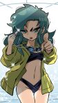  1girl :o bikini black_bikini breasts goggles goggles_around_neck green_eyes green_hair highres holding holding_whistle houkago_himitsu_club indoors jacket kurobara_angelica long_hair navel otonami_sw pointing pointing_at_viewer small_breasts solo standing swimsuit water whistle yellow_jacket 