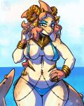 anthro big_breasts big_butt bikini bikini_bottom bikini_top bra bracelet breasts butt clothing clothing_pull eyeshadow female fish froggsalt gold_(metal) gold_jewelry headgear headwear hi_res jewelry lipstick looking_at_viewer makeup marine necklace piercing sea shark shark_tail solo swimwear teasing teasing_viewer thick_thighs underwear water wide_hips