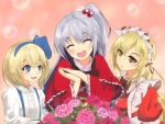  3girls :d ^_^ alice_margatroid alice_margatroid_(pc-98) batsunagi black_bow black_bowtie blonde_hair blue_eyes blue_hairband blue_ribbon blush bouquet bow bowtie capelet center_frills closed_eyes collared_dress collared_shirt dress flower frilled_capelet frilled_dress frilled_sleeves frills hair_bobbles hair_ornament hairband happy highres long_hair long_sleeves maid maid_headdress mother&#039;s_day mother_and_daughter multiple_girls open_mouth pink_background pink_flower puffy_short_sleeves puffy_sleeves red_capelet red_dress ribbon shinki_(touhou) shirt short_sleeves side_ponytail smile strap touhou touhou_(pc-98) very_long_hair white_shirt wide_sleeves yellow_eyes yumeko_(touhou) 