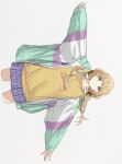  1girl blonde_hair braid fujita_kotone gakuen_idolmaster highres idolmaster jacket long_hair looking_at_viewer multicolored_clothes multicolored_jacket null_hamamo open_clothes open_jacket outstretched_arms shirt sideways simple_background skirt smile solo spread_arms twin_braids white_background yellow_eyes yellow_shirt 