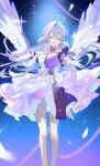  1girl absurdres breasts detached_sleeves dress feet_out_of_frame film_grain floating_hair gloves gradient_background grey_eyes grey_hair halo hand_on_own_chest head_wings highres honkai:_star_rail honkai_(series) looking_at_viewer medium_breasts open_mouth purple_dress purple_sleeves r_aeel reaching reaching_towards_viewer robin_(honkai:_star_rail) short_sleeves sidelocks solo spotlight strapless strapless_dress teeth two-tone_dress upper_teeth_only white_dress white_gloves white_wings wings 