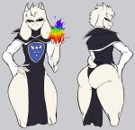 anthro asriel_dreemurr_(god_form) big_butt big_ears biped black_sclera boss_monster_(undertale) butt clothed clothing colored_fire cross-popping_vein delta_rune_(emblem) demonkingdaemon fire front_view head_tuft hi_res horn ineffective_clothing male multicolored_fire nails rainbow_fire rear_view robe sharp_nails skimpy solo symbol tail thick_thighs tuft undertale undertale_(series) white_eyes