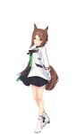  1girl animal_ears arms_behind_back bad_link black_ribbon black_skirt blush brown_eyes brown_hair buttons closed_mouth clover clover_hair_ornament double-breasted fine_motion_(umamusume) full_body game_model gloves grass green_shirt hair_between_eyes hair_bun hair_ornament hair_ribbon highres horse_ears horse_girl horse_tail jacket long_sleeves looking_at_viewer multicolored_hair neck_ribbon open_clothes open_jacket red_ribbon ribbon shirt sidelocks single_hair_bun skirt smile solo standing tachi-e tail transparent_background two-tone_hair umamusume white_gloves white_hair white_jacket 