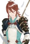  1boy ahoge armor fire_emblem fire_emblem_fates hair_between_eyes holding holding_polearm holding_weapon japanese_armor japanese_clothes looking_to_the_side male_focus polearm ponytail red_eyes red_hair solo subaki_(fire_emblem) upper_body weapon yuuyou_(link1357zelda) 