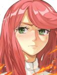  &gt;:( 1girl absurdres antangonist arcane_odyssey blush fire freckles green_eyes highres jacket long_hair looking_at_viewer red_hair shirt simple_background v-shaped_eyebrows white_background white_shirt 