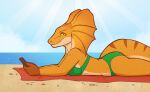 abby_(user55) agamid anthro beach bikini breasts clothed clothing electronics female frill_(anatomy) frilled_lizard hi_res lizard looking_at_viewer lying morgdl non-mammal_breasts orange_body phone reptile scalie seaside solo spots stripes swimwear tail towel water yellow_eyes