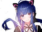 1girl ahoge animal_ears assault_lily black_ribbon blue_eyes blue_hair blunt_bangs blush braid cat_ears closed_mouth commentary_request crescent crescent_hair_ornament crown_braid earrings fake_animal_ears floating_hair hair_ornament heterochromia highres houji_tea_latte jewelry long_hair looking_at_viewer low_ponytail neck_ribbon pink_eyes ponytail portrait ribbon school_uniform side_braids simple_background single_earring smile solo sparkle tetsukawa_toa twin_braids white_background yurigaoka_girls_academy_school_uniform 