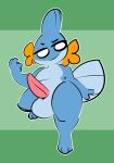 1-upclock aged_down anthro balls big_balls big_penis blue_body feet generation_3_pokemon genitals green_background hi_res male mudkip nintendo penis pokemon pokemon_(species) simple_background smile smiling_at_viewer smirk solo tail thick_thighs xavier_(1-upclock)