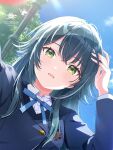  1girl :o blue_ribbon bluejuniper blush copyright_notice cropped dutch_angle gakuen_idolmaster green_eyes green_hair hatsuboshi_gakuen_school_uniform highres idolmaster long_hair long_sleeves looking_at_viewer neck_ribbon official_art outdoors ribbon school_uniform selfie shirt solo tsukimura_temari upper_body white_shirt 