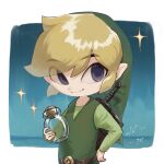  1boy belt blonde_hair blue_eyes green_tunic highres holding_glass_bottle link phrygian_cap shield shield_on_back sword the_legend_of_zelda the_legend_of_zelda:_spirit_tracks the_legend_of_zelda:_the_wind_waker toon_link weapon wooden_shield yuuyou_(link1357zelda) 