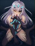  1girl absurdres bare_shoulders black_leotard body_markings breasts fangs fate/grand_order fate_(series) forked_eyebrows highres leotard long_hair looking_at_viewer melusine_(fate) melusine_(third_ascension)_(fate) open_mouth raji_(largesaint2210) revealing_clothes sidelocks sitting small_breasts solo wariza white_hair yellow_eyes 