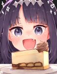  1girl cheesecake close-up fang food highres hololive hololive_english long_hair ma_draws mole mole_under_eye ninomae_ina&#039;nis plate pointy_ears purple_eyes purple_hair signature smile virtual_youtuber 