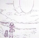  1girl animal bad_id bad_twitter_id breasts cloud disembodied_breast dog from_behind grass hanging_breasts hatching_(texture) highres huge_breasts inactive_account lake looking_up low_ponytail monochrome nipples original purple_theme scenery school_uniform skirt sky standing traditional_media tsukareta_san 